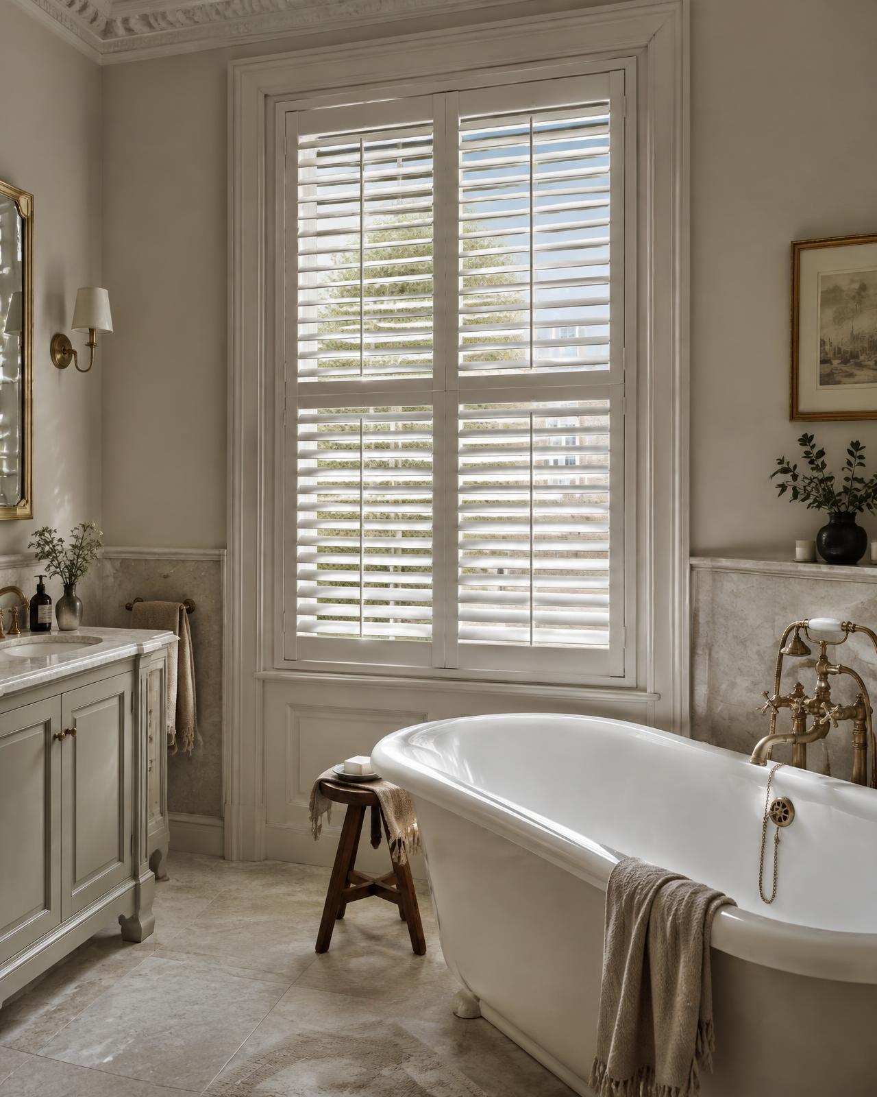 Moisture-resistant white plantation shutters on a tall bathroom window
