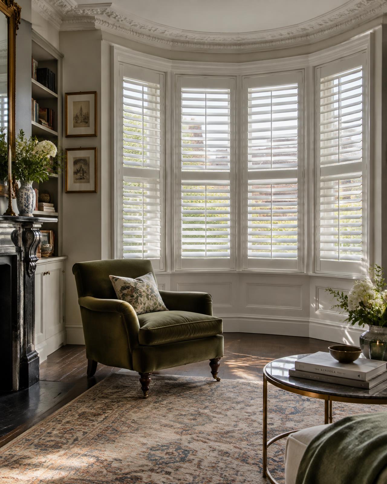 Plantation shutters fitted to a Victorian bay window