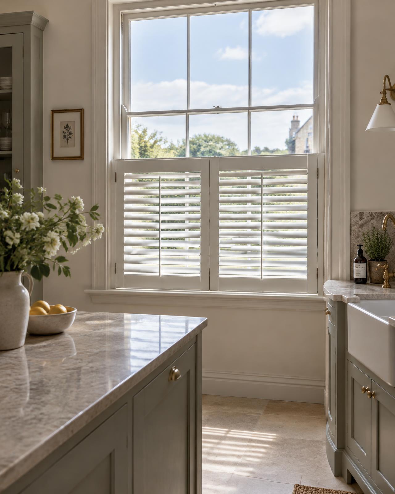 Café style shutters on the lower half of a kitchen window