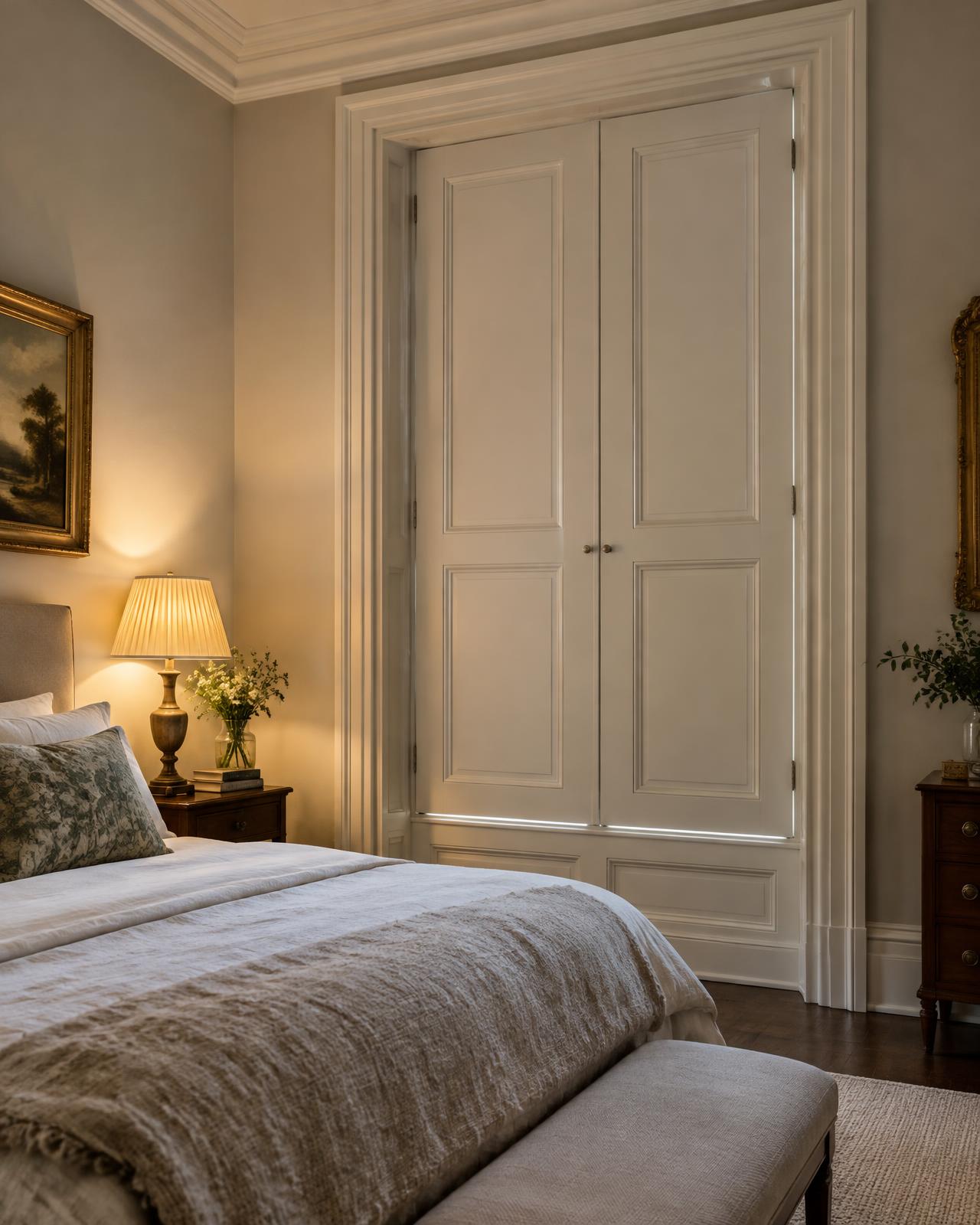 Solid panel shutters closed in a period bedroom