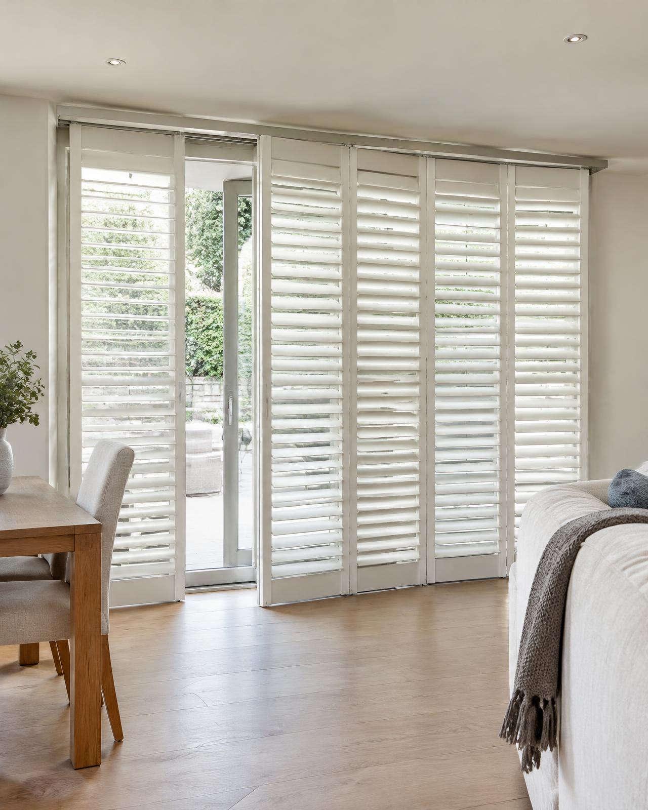 Tracked plantation shutters across wide patio doors